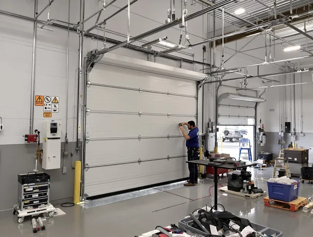 Commercial garage door repair being performed by New Albany Garage Door Repair expert in New Albany