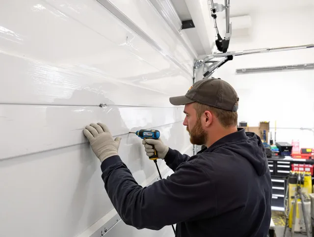 New Albany Garage Door Repair technician demonstrating precision dent removal techniques on a New Albany garage door