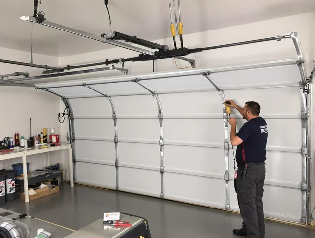 New Albany Garage Door Repair certified technician performing overhead door system repair in New Albany