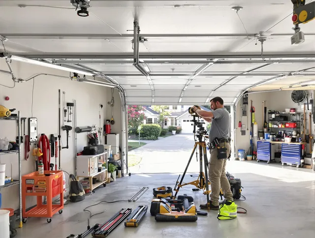 New Albany Garage Door Repair specialist performing laser-guided track alignment in New Albany